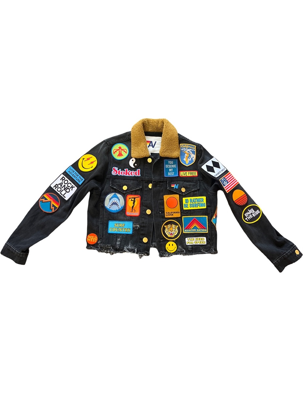 Aviator Nation Black Denim Patchwork Jacket with Yellow Sherpa Collar